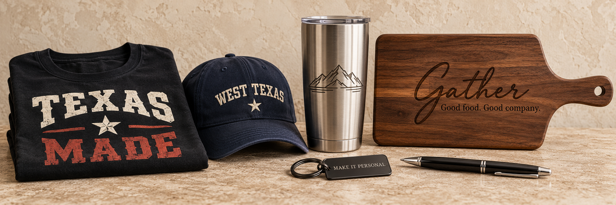 A selection of custom apparel, stainless steel drinkware, and engraved gifts